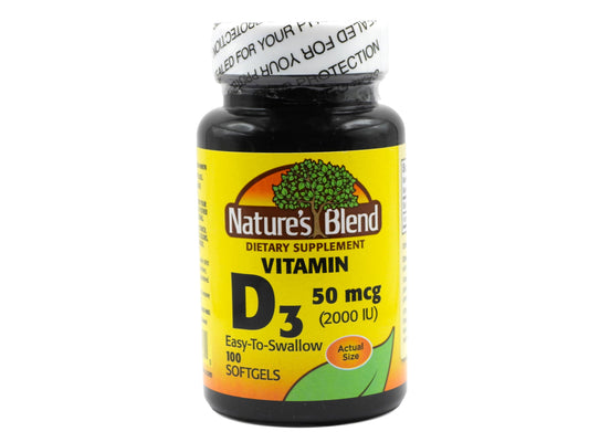 Bottle of Nature's Blend Vitamin D3 50 mcg (2000 IU) softgels