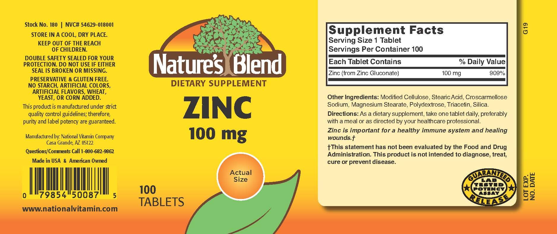 Nature's Blend Zinc Gluconate 100 mg bottle label