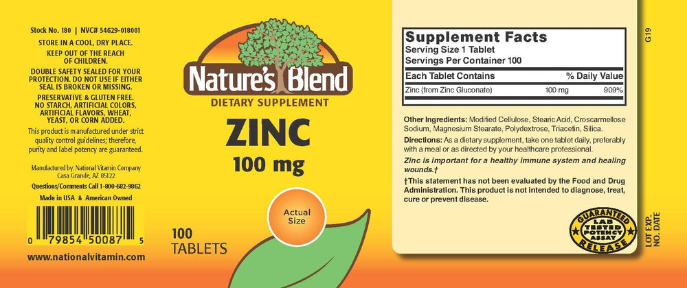 Nature's Blend Zinc Gluconate 100 mg bottle label