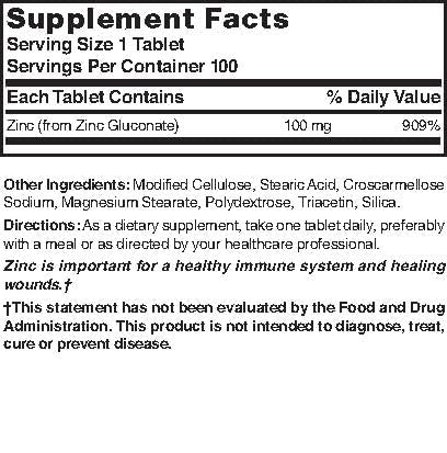 Packaging of Nature's Blend Zinc Gluconate 100 mg bottle