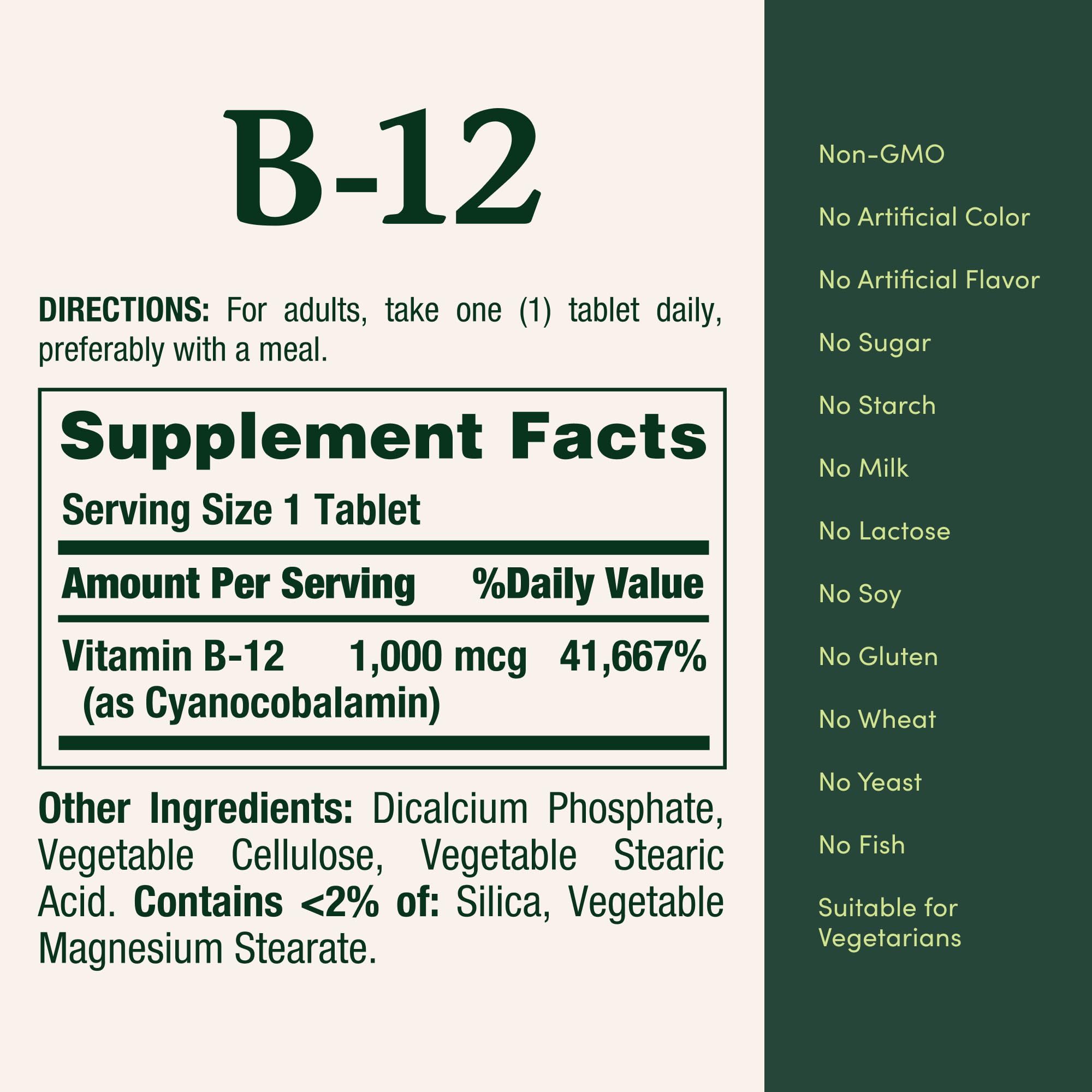 Nutrition Facts panel for Vitamin B12 1000 mcg