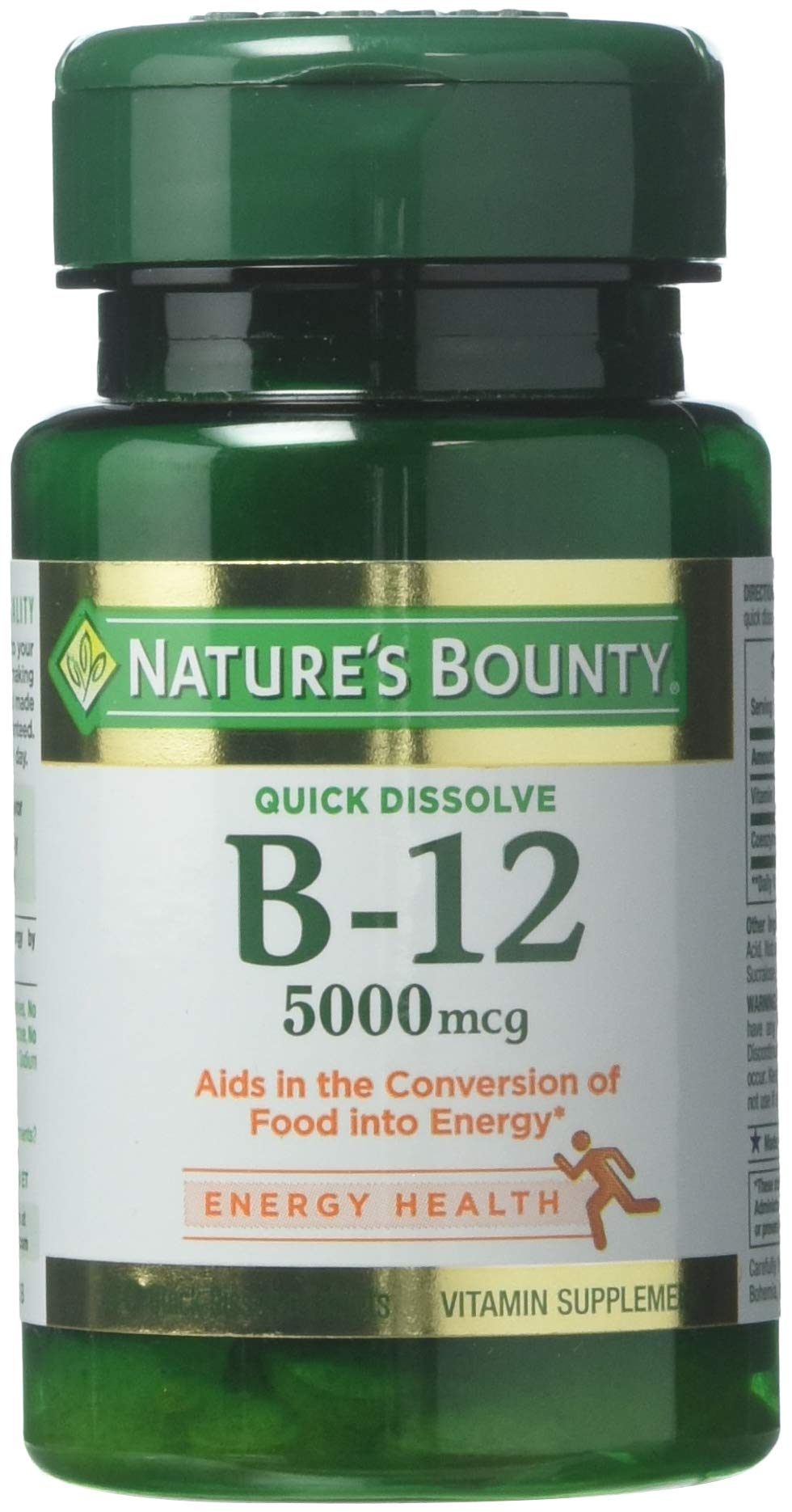 Nature's Bounty B-12 5000 mcg Quick-Dissolve 40 tablets Pack of 3 bottle label