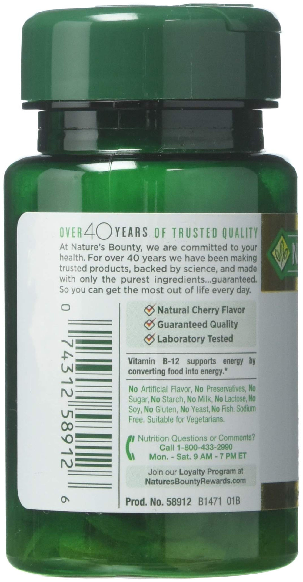 Close-up of Nature's Bounty B-12 5000 mcg packaging and cherry flavor