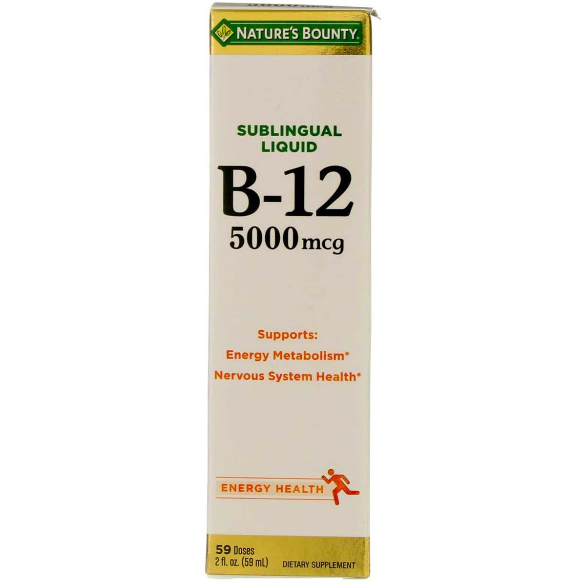Nature's Bounty B12 5000 mcg Sublingual Liquid bottle and 2 oz pack front view