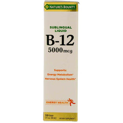 Nature's Bounty B12 5000 mcg Sublingual Liquid bottle and 2 oz pack front view