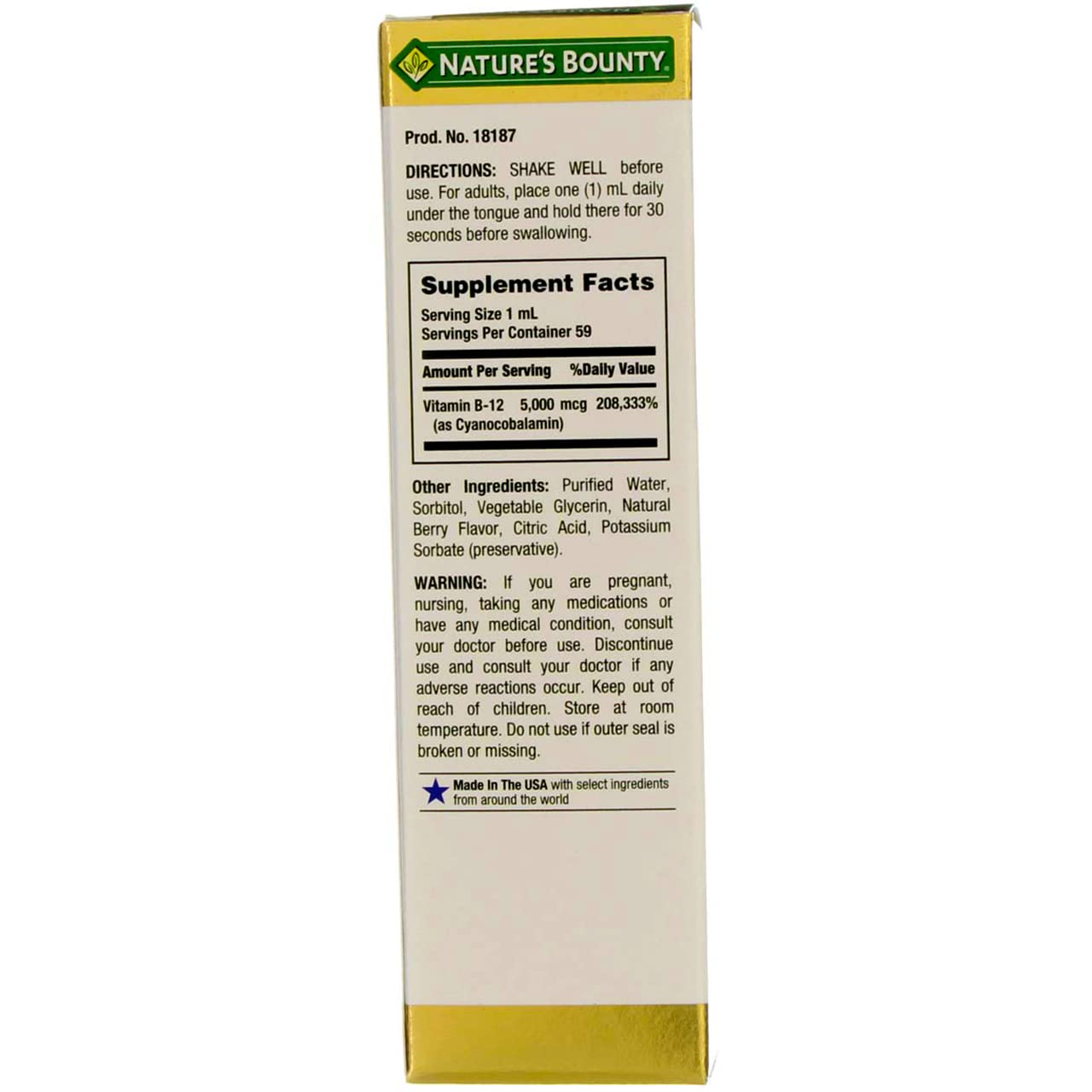Nature's Bounty B-12 5000 mcg bottle close-up