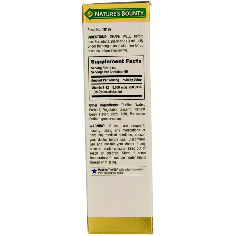 Close-up of Nature's Bounty B12 5000 mcg sublingual liquid bottle front