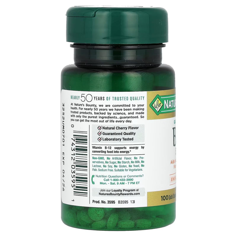 Nutrition facts panel for Nature's Bounty B-12 500 mcg 4-pack