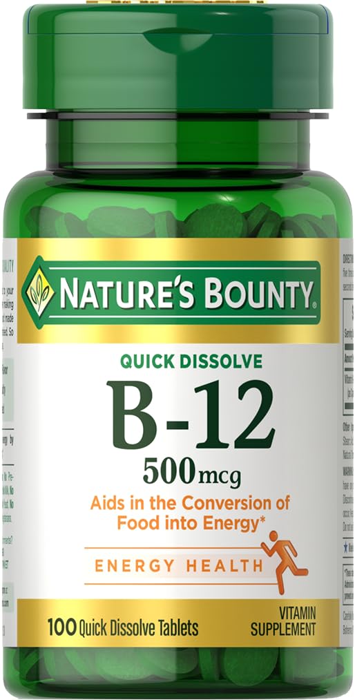 Nature's Bounty Vitamin B12 500mcg quick-dissolve tablets bottle label