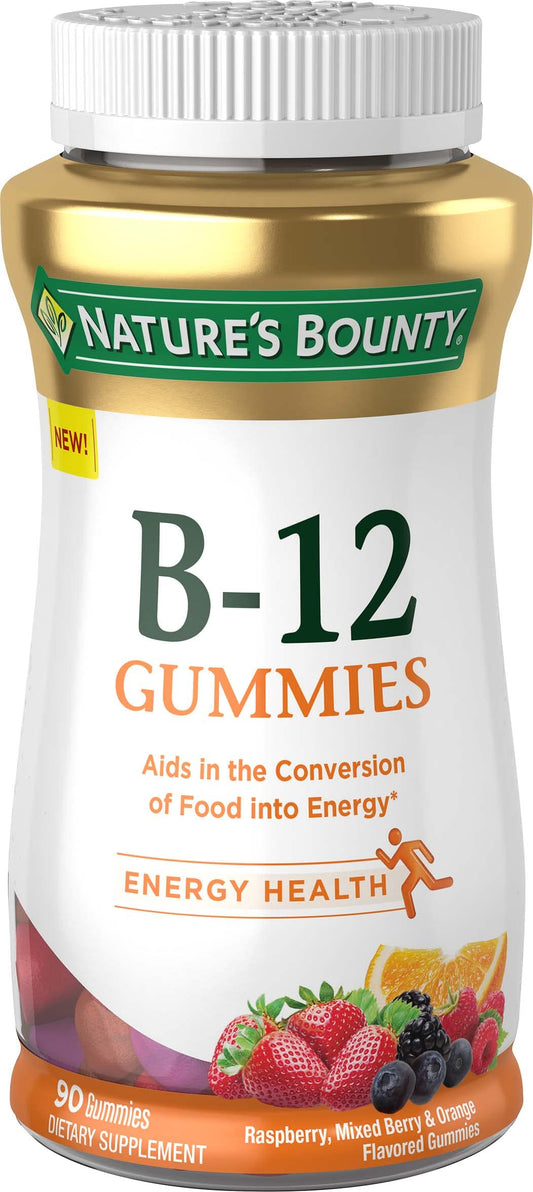 Bottle of Nature's Bounty Vitamin B12 Gummies (90-count) with raspberry, mixed berry and orange flavors
