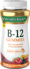 Bottle of Nature's Bounty Vitamin B12 Gummies (90-count) with raspberry, mixed berry and orange flavors