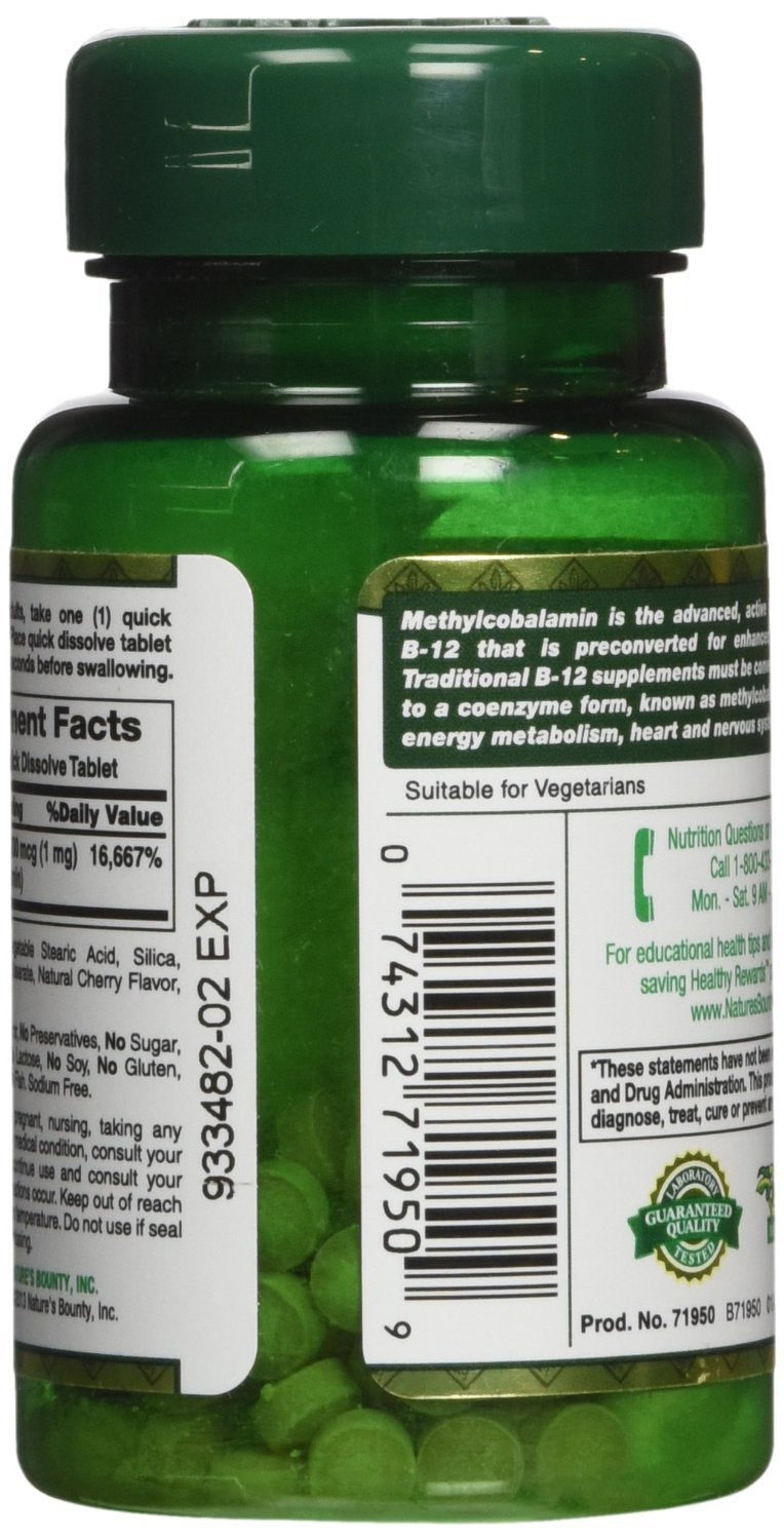 Two 60-count bottles of Natures Bounty B12 microlozenges, 1000 mcg, cherry flavor, pack of 2