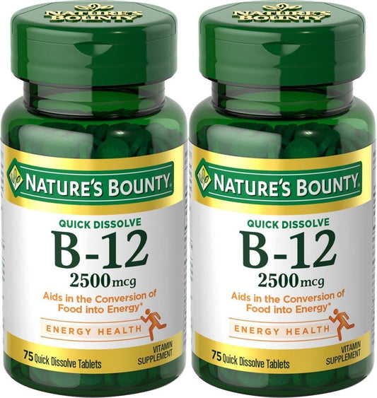 Natures Bounty Vitamin B-12 Quick Dissolve 2500 mcg Cherry Flavor 2 Pack – 150 Total Tablets