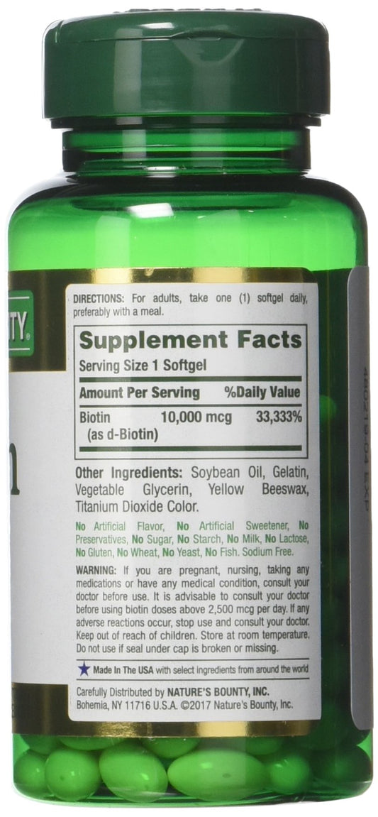Close-up of Nature's Bounty Biotin 10,000 mcg Rapid Release Softgels capsules