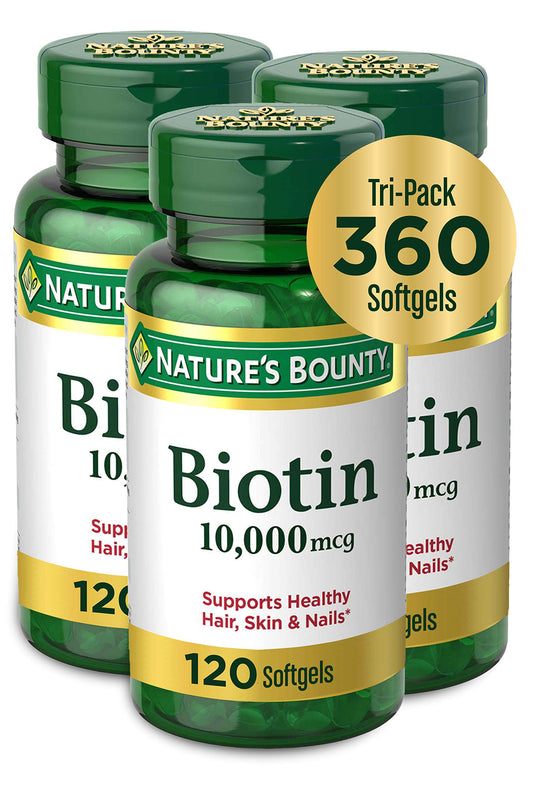 Bottle of Nature's Bounty Biotin 10,000 mcg rapid-release softgels (pack of 3)
