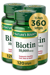 Bottle of Nature's Bounty Biotin 10,000 mcg rapid-release softgels (pack of 3)