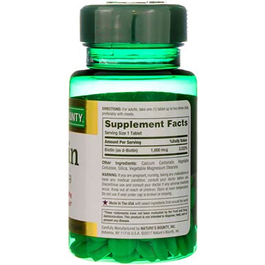 Nutrition facts label for Nature's Bounty Biotin 1000 mcg