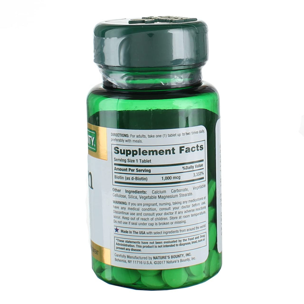 Packaging box for Nature's Bounty Biotin 1000 mcg tablets
