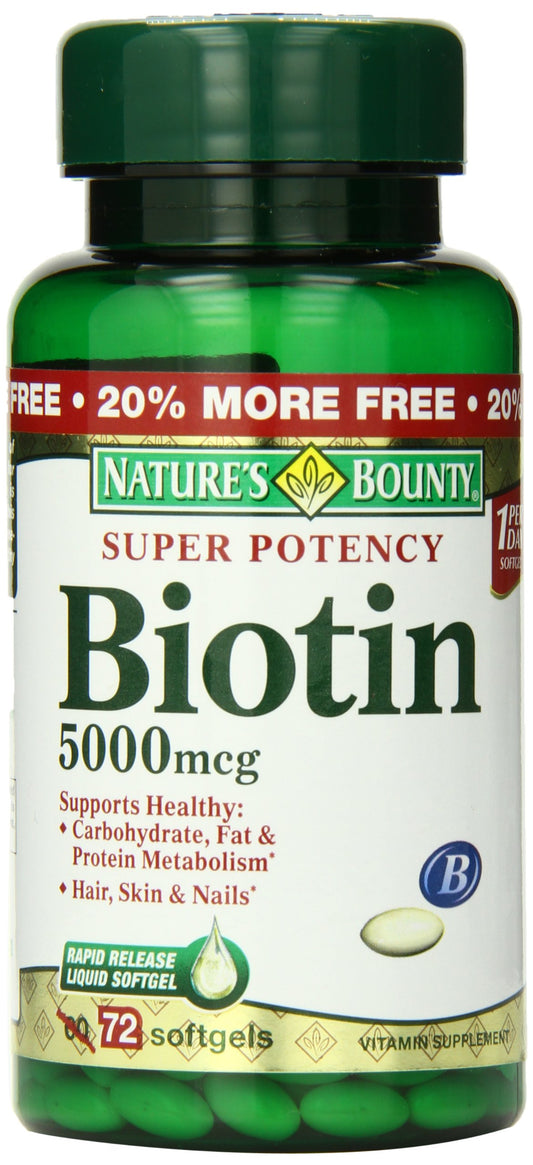 Bottle of Nature's Bounty Biotin 5000 mcg 150 rapid-release softgels