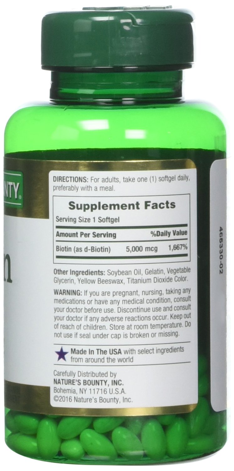 Nature's Bounty Biotin 5000 mcg bottle – back label details