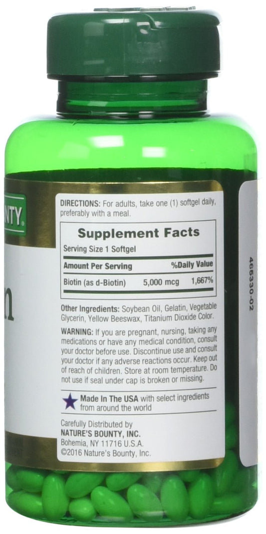 Nature's Bounty Biotin 5000 mcg bottle – back label details