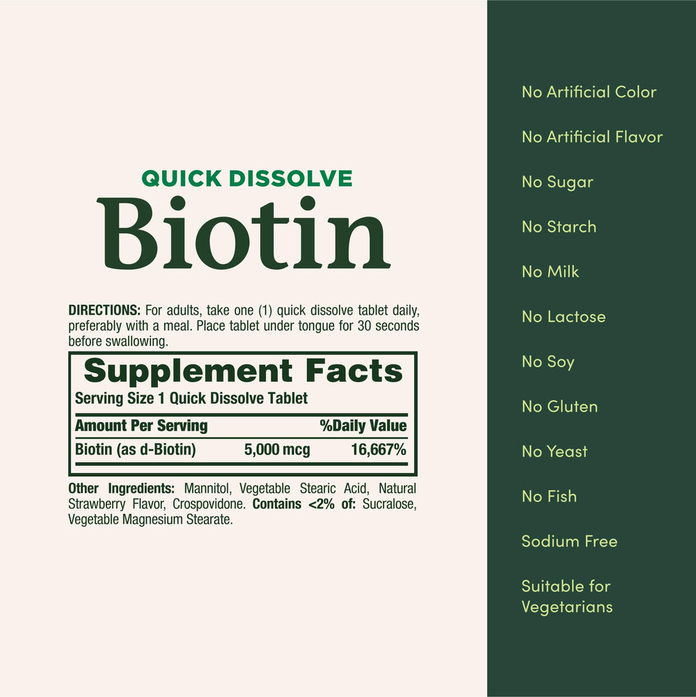 Biotin supplement bottle with hair, skin and nails imagery
