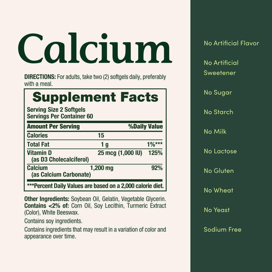 Back label of Nature's Bounty Calcium + D3 softgels bottle showing supplement facts