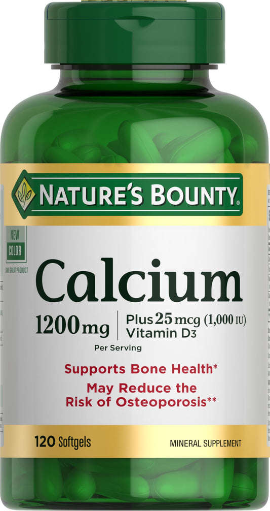 Front view of Nature's Bounty Calcium 1200 mg + Vitamin D3 1000 IU softgels bottle