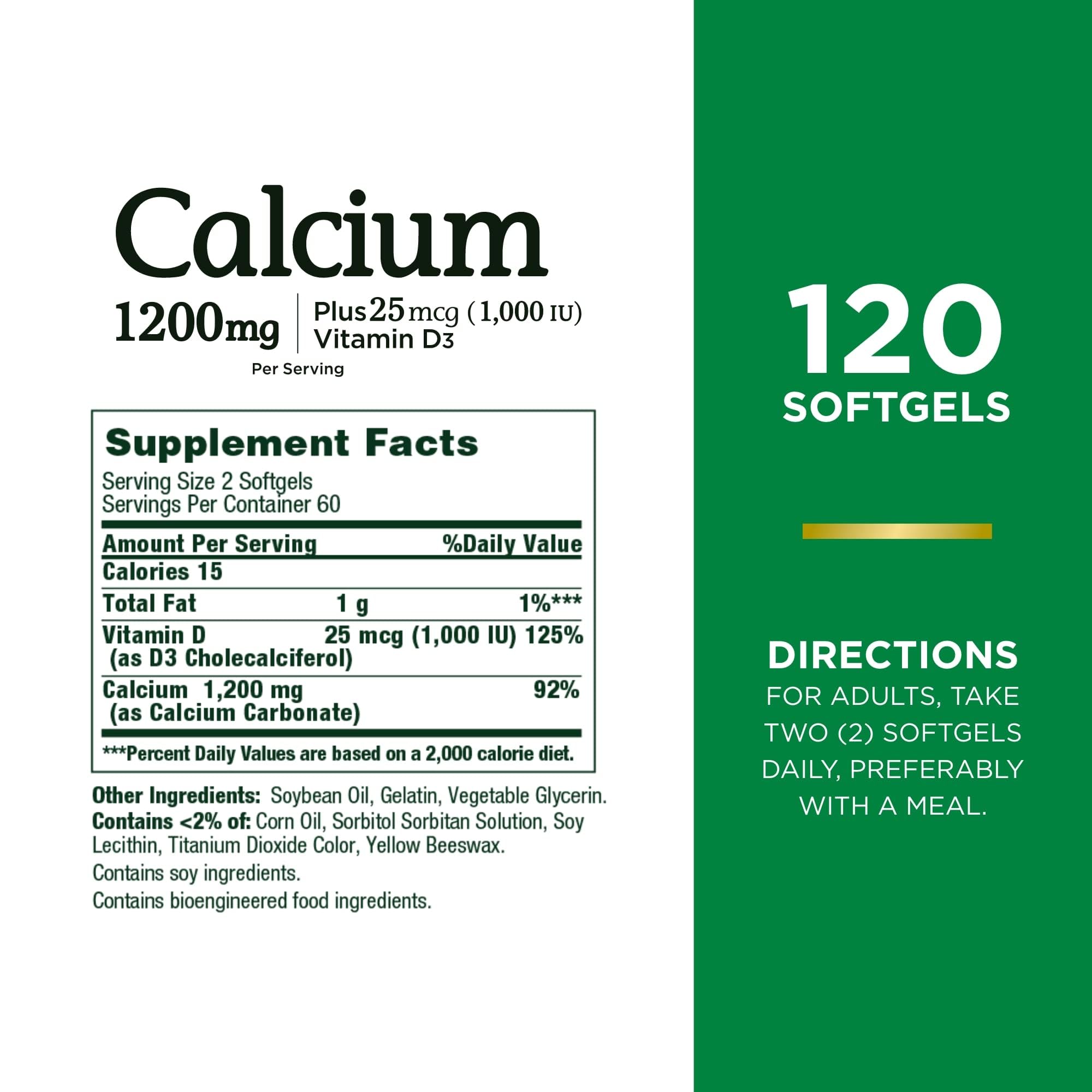 Front view of Nature's Bounty calcium and vitamin D softgels bottle