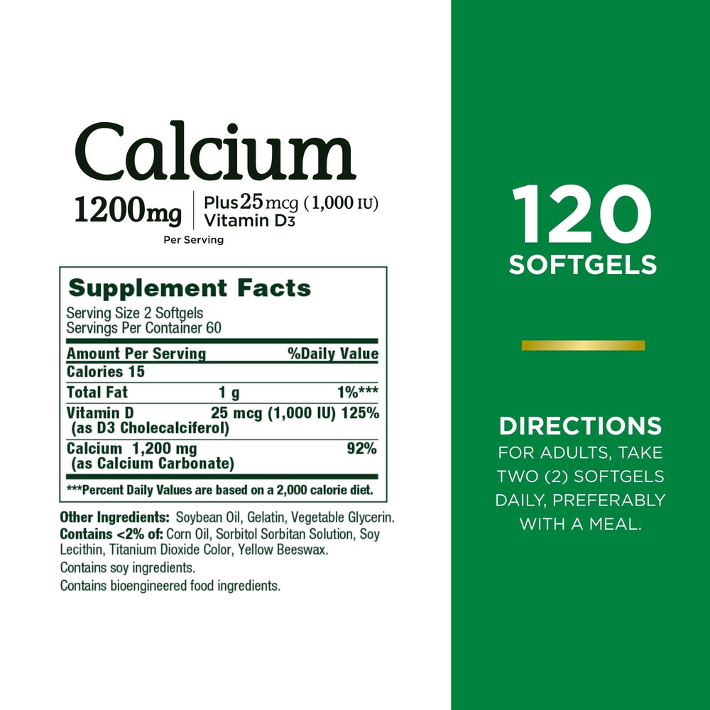 Front view of Nature's Bounty calcium and vitamin D softgels bottle