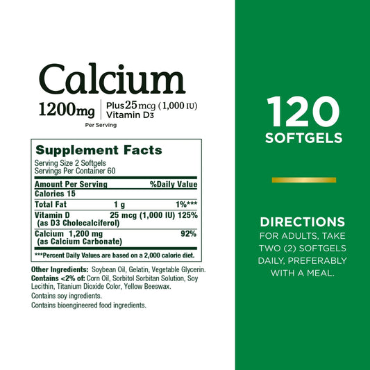 Front view of Nature's Bounty calcium and vitamin D softgels bottle