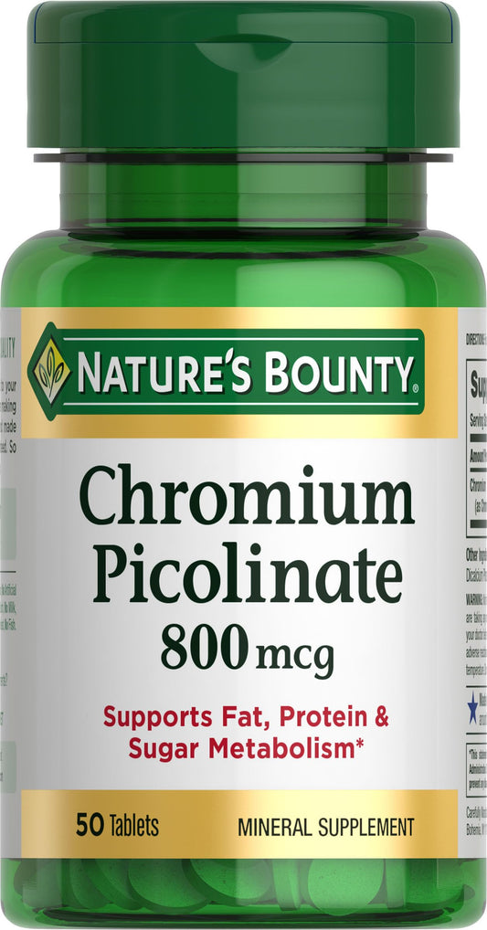 Nature's Bounty Chromium Picolinate 800 mcg bottle with tablets