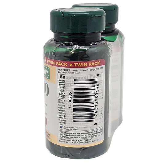 Close-up of CoQ10 100 mg softgels in a bottle