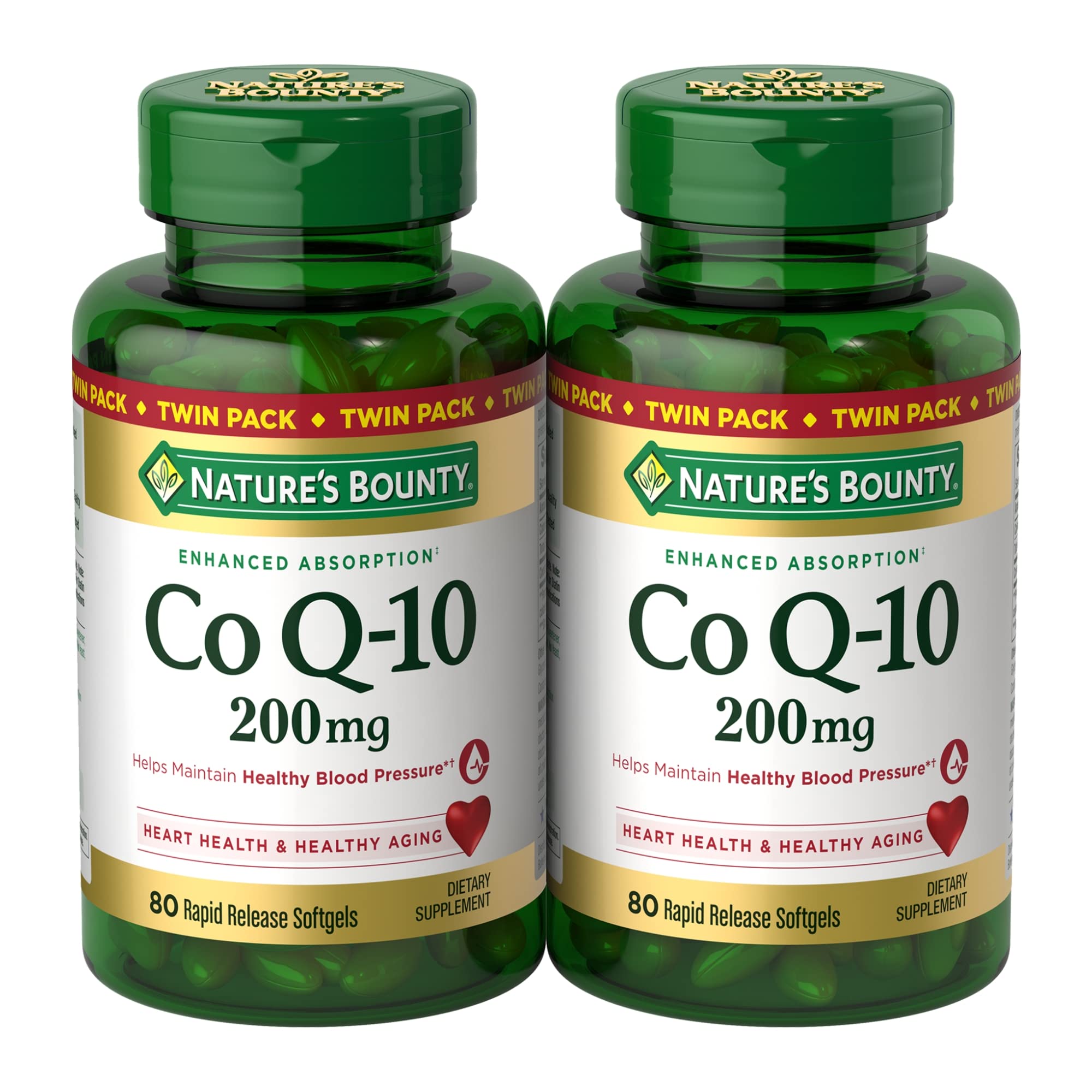 Nature's Bounty CoQ10 bottle with 200 mg softgels highlighting heart support.