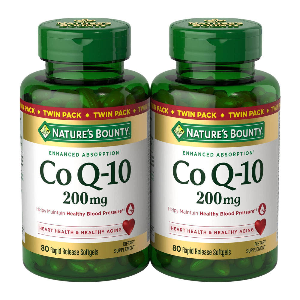 Nature's Bounty CoQ10 bottle with 200 mg softgels highlighting heart support.