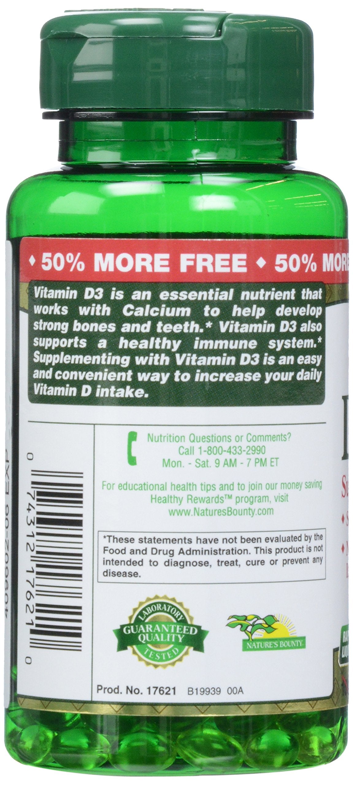 Ingredient panel for Nature's Bounty Vitamin D3 softgels