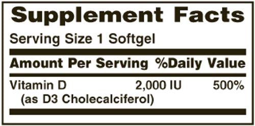Close-up of Nature's Bounty Vitamin D3 2000 IU softgels label