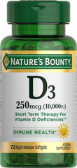 Nature's Bounty D3 10,000 IU softgels bottle and label (72 softgels)