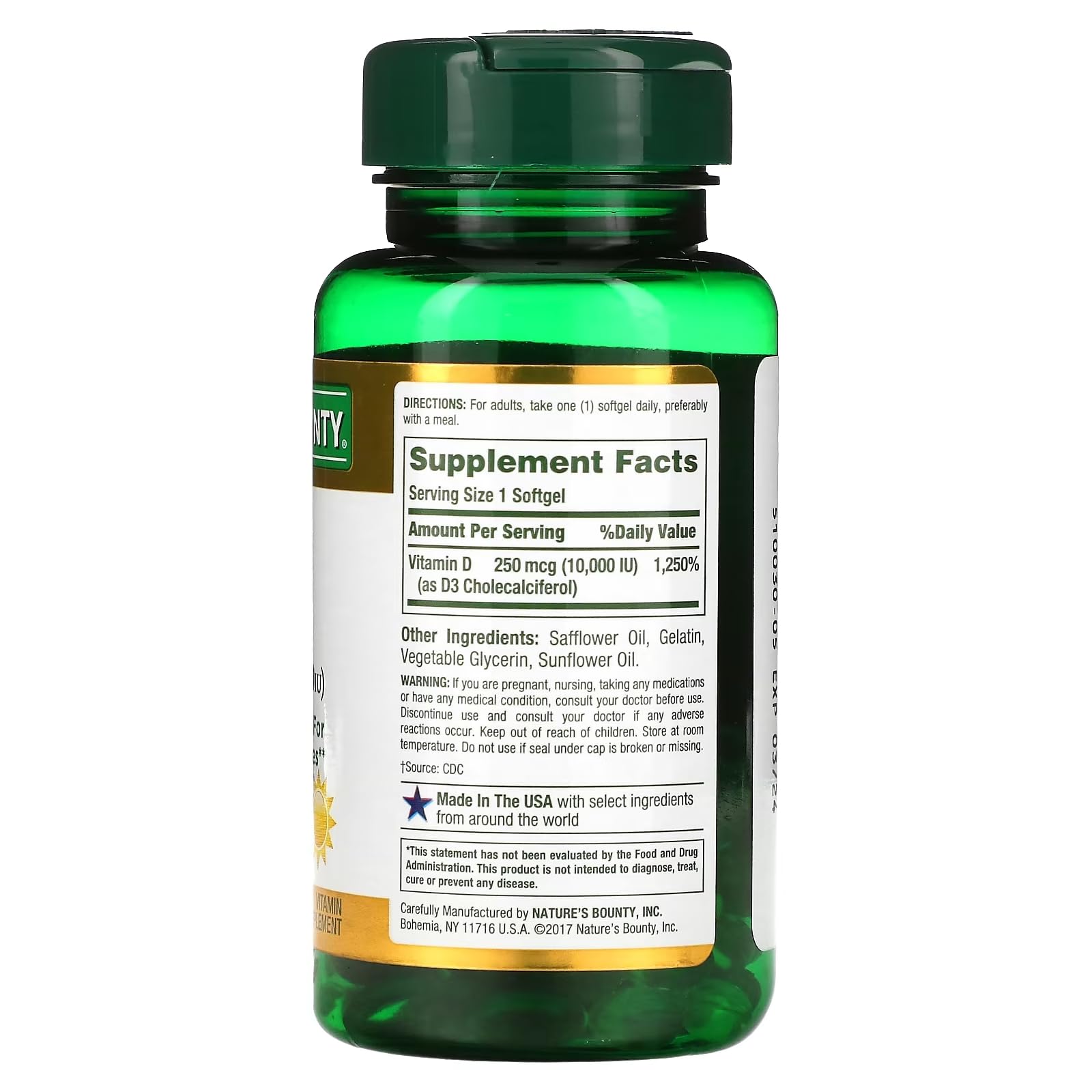 Close-up of Nature's Bounty D3 10,000 IU softgels
