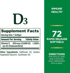 Four-pack of Nature's Bounty D3-10,000 IU softgels (72 softgels each)