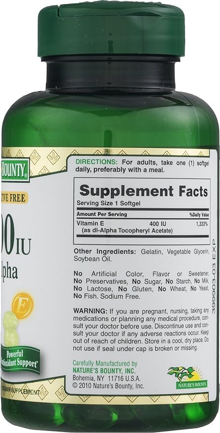 Vitamin E 400 IU label and non-GMO claim on bottle