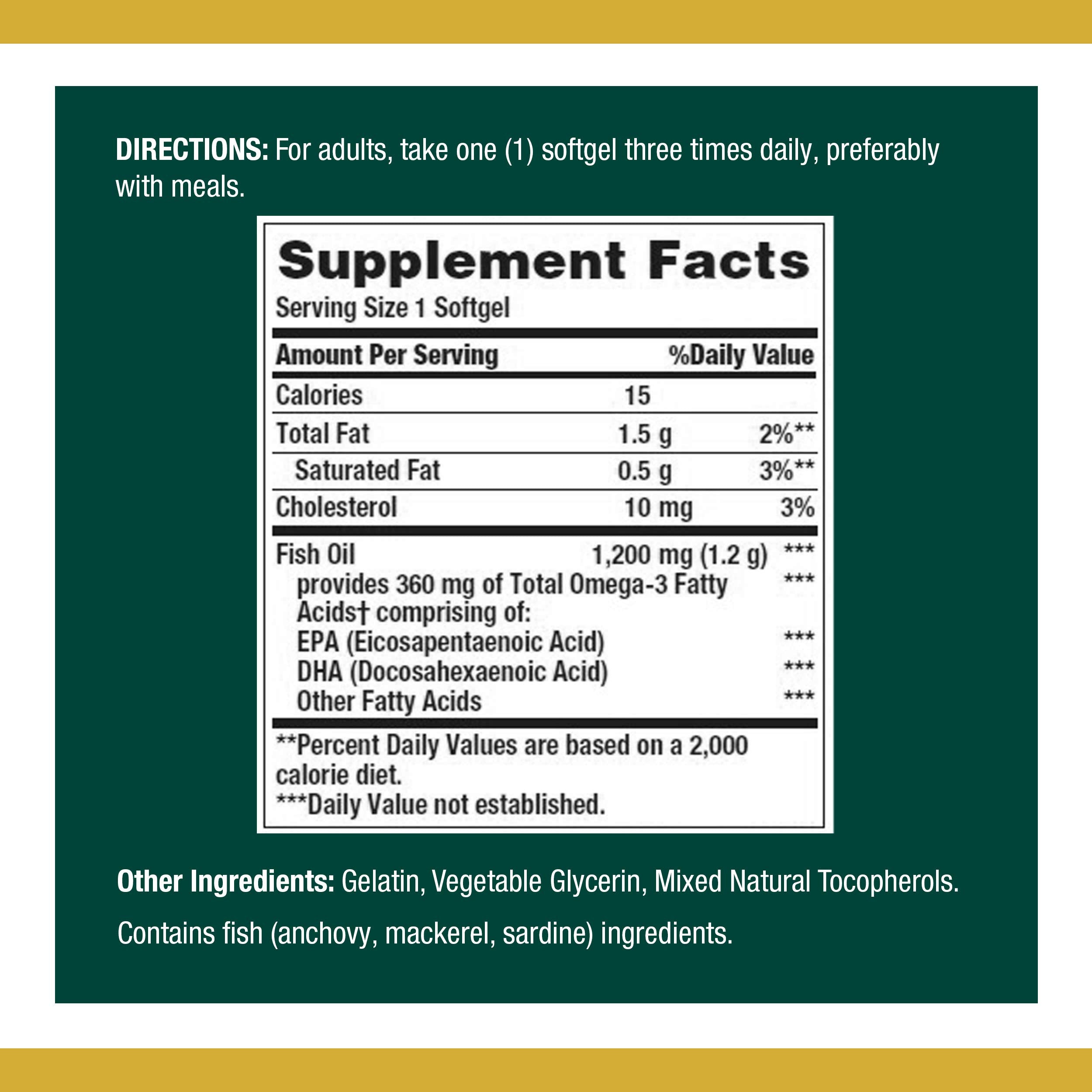 Close-up of EPA/DHA 360 mg per softgel on bottle label
