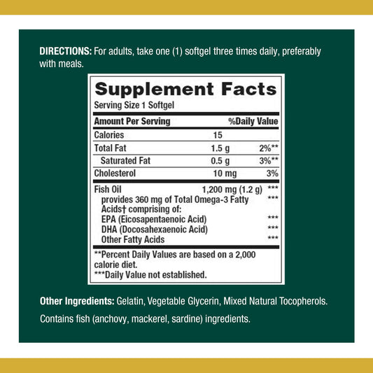 Close-up of EPA/DHA 360 mg per softgel on bottle label