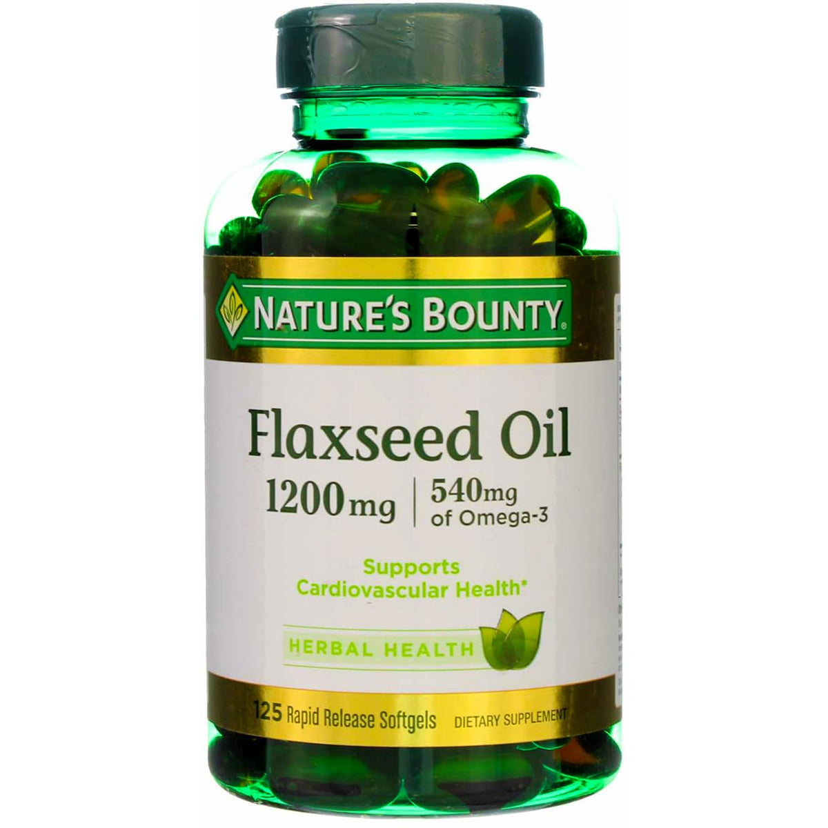 Bottle of Nature's Bounty Flaxseed Oil 1200 mg softgels