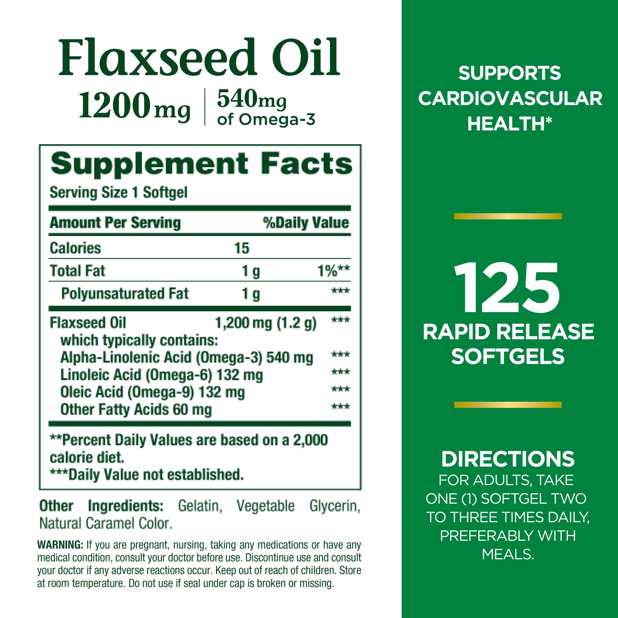 Flaxseed oil softgels bottle label close-up