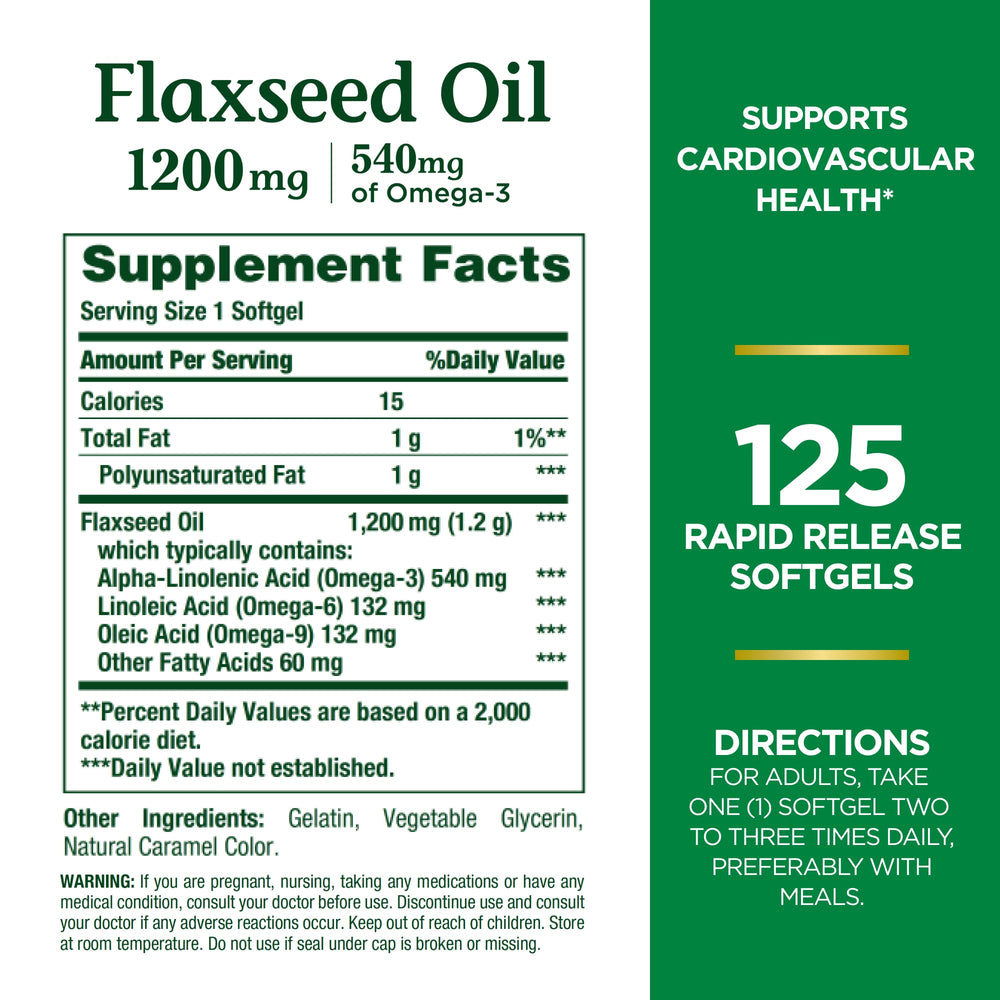 Flaxseed oil softgels bottle label close-up