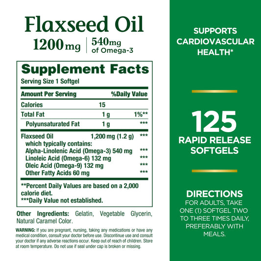 Flaxseed oil softgels bottle label close-up
