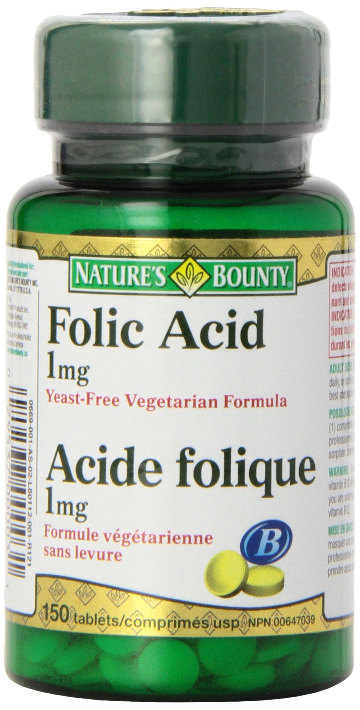 Nature's Bounty Folic Acid 1 mg 150 Tablets bottle (Packaging May Vary)