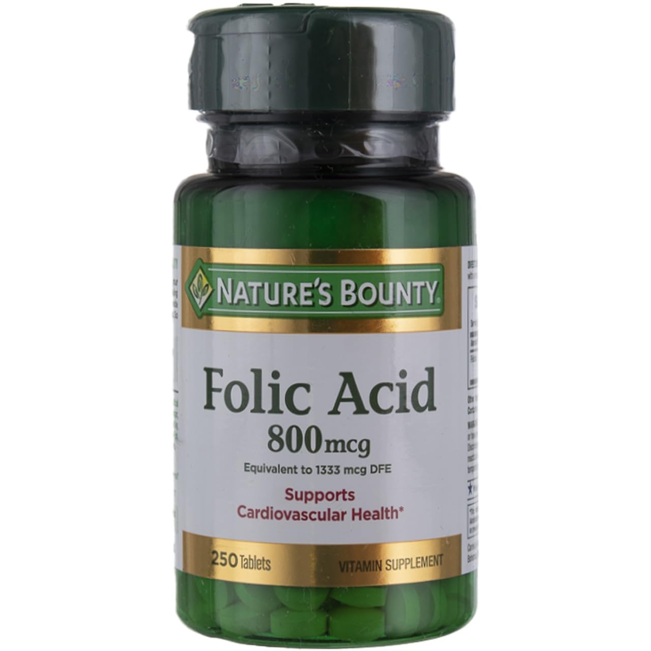 Nature's Bounty folic acid 800 mcg tablets in a bottle for daily supplementation