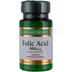 Nature's Bounty folic acid 800 mcg tablets in a bottle for daily supplementation